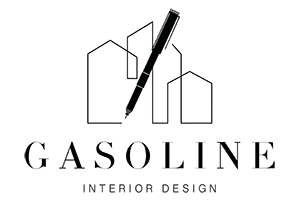 Logo noir avec texte Gasoline Interior Design et icône de bâtiments stylisés