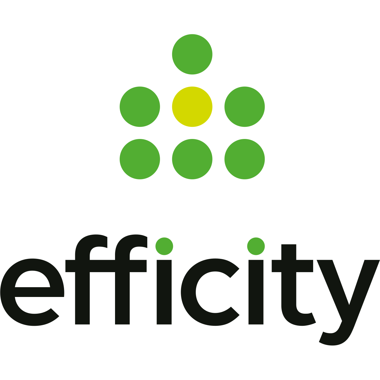 Logo avec sept points verts et un point jaune formant un triangle au-dessus du texte effiCity sur fond noir