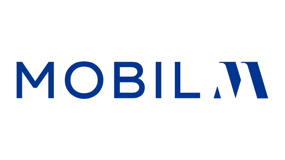 Logo bleu avec le texte MOBIL suivi d'un M stylisé sur fond blanc
