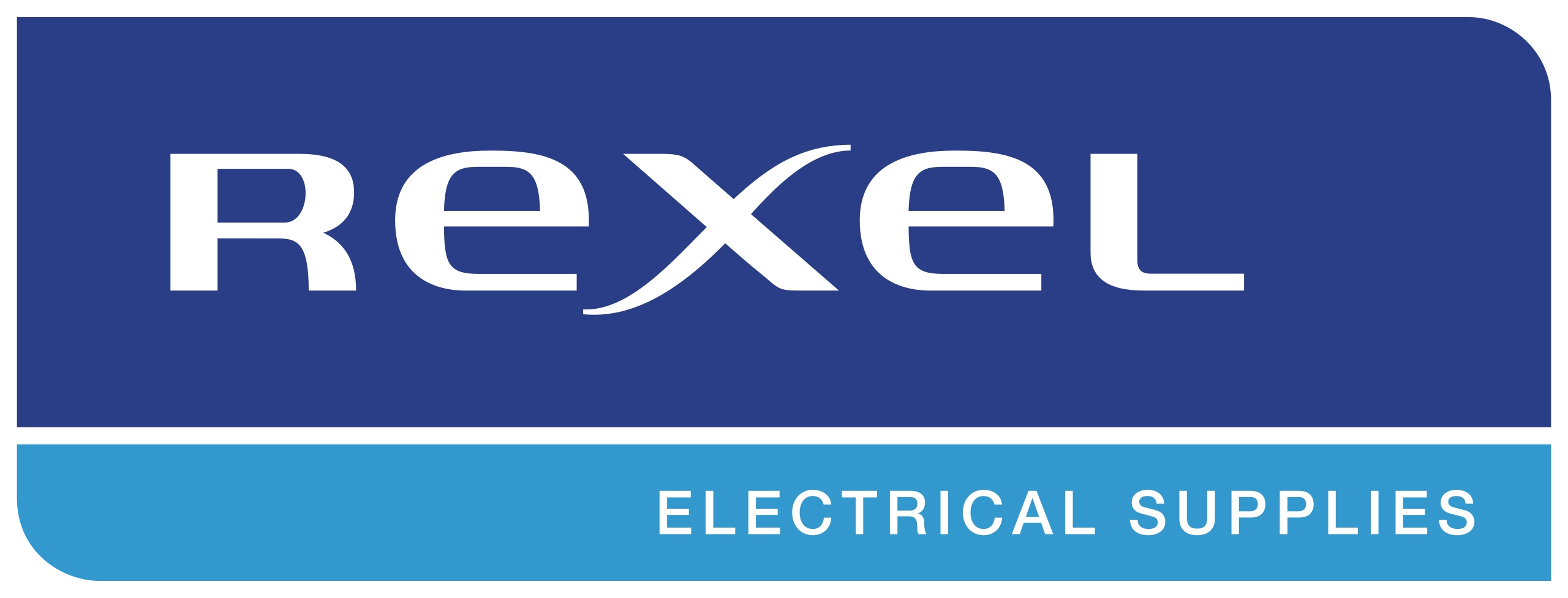 Logo de Rexel avec fond bleu foncé et bleu clair, texte blanc indiquant Electrical Supplies