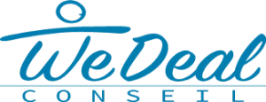 Logo bleu avec texte WeDeal Conseil stylisé